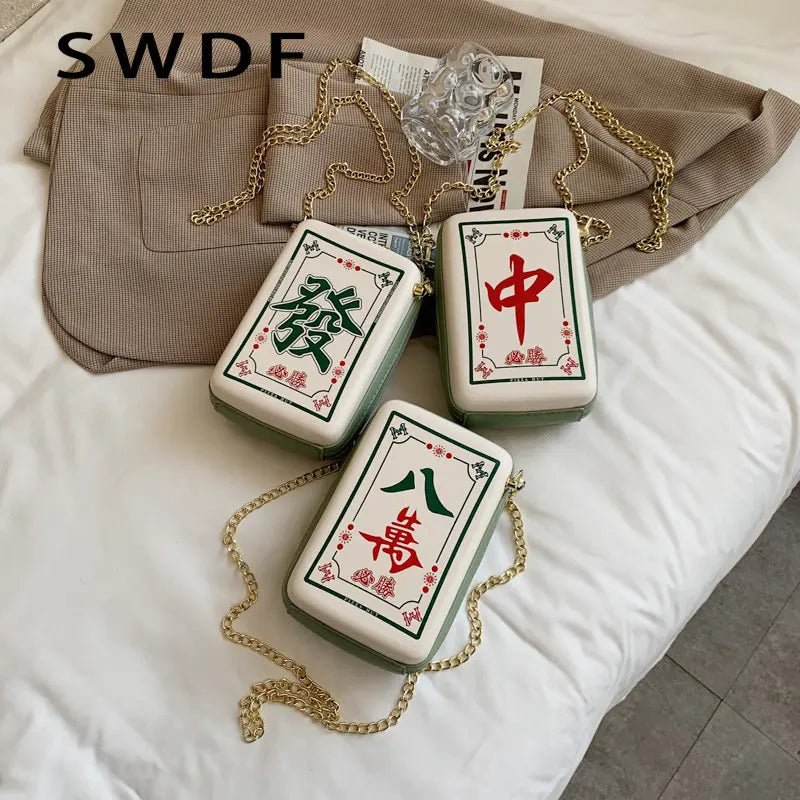 Chinese Mahjong Crossbody Bag Chain Shoulder Messenger PU Leather