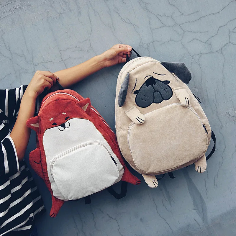 Corduroy Animal Fox Dog Schoolbag Student Backpack