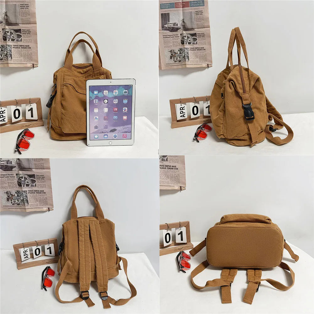 Canvas Backpack for College Student Large Capacity Khaki Bag