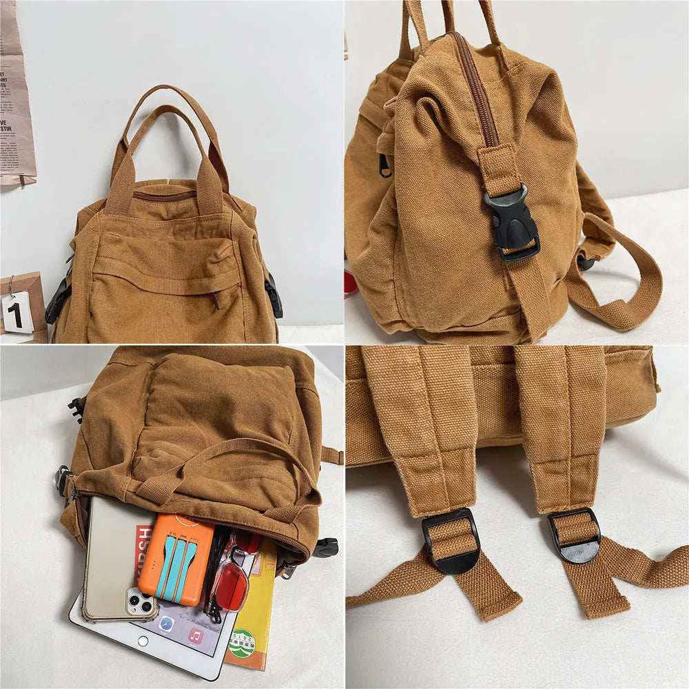 Canvas Backpack for College Student Large Capacity Khaki Bag
