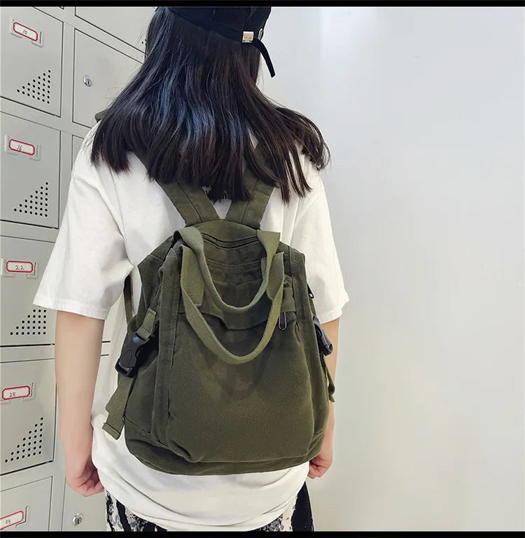 College Canvas Backpack Large Capacity Khaki Bag