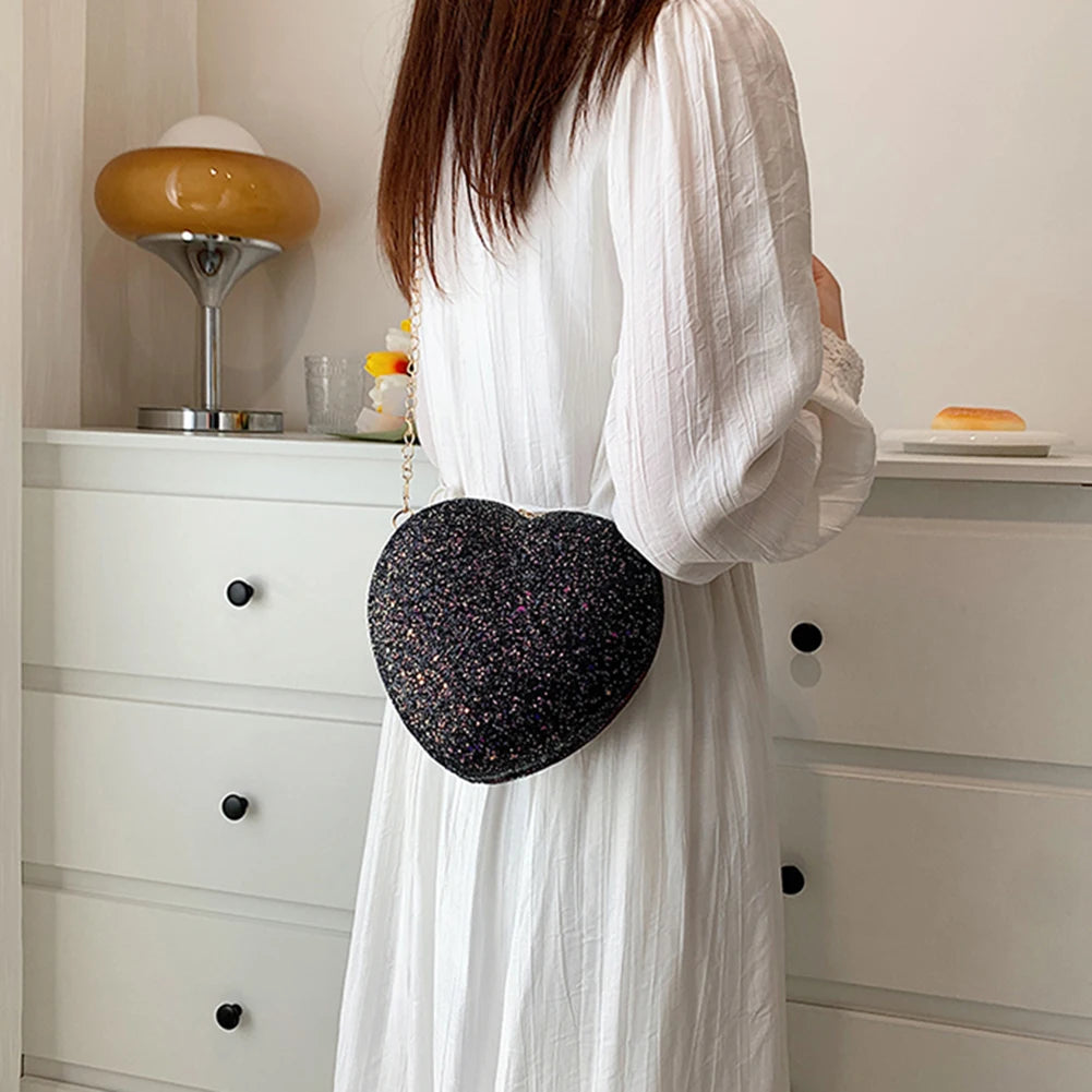 Sequins Heart-shaped Messenger Bag Glitter Chain Crossbody Purse Handbags