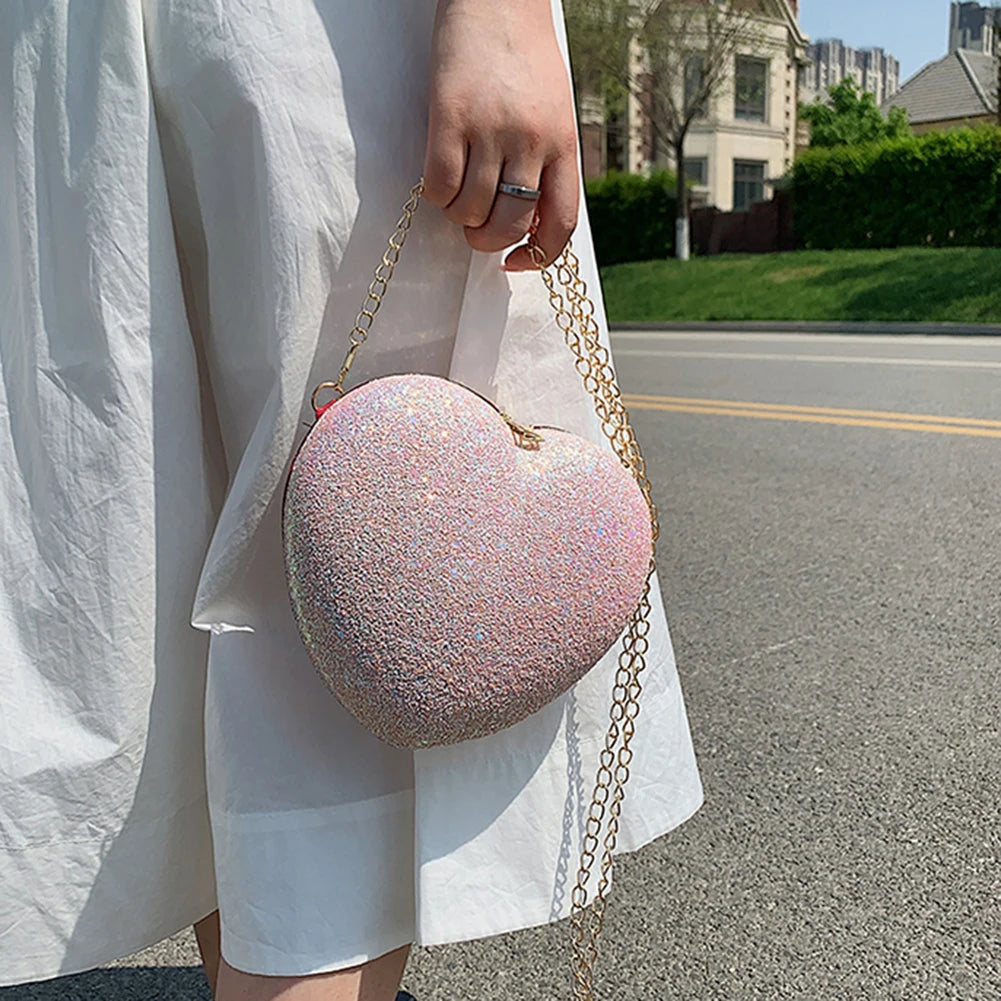 Sequins Heart-shaped Messenger Bag Glitter Chain Crossbody Purse Handbags