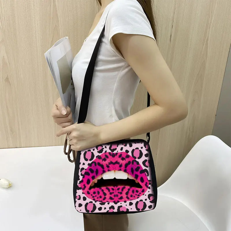 Leopard Lips Print Women Handbags Canvas Shoulder Bags Travel Hip Hop Clutch