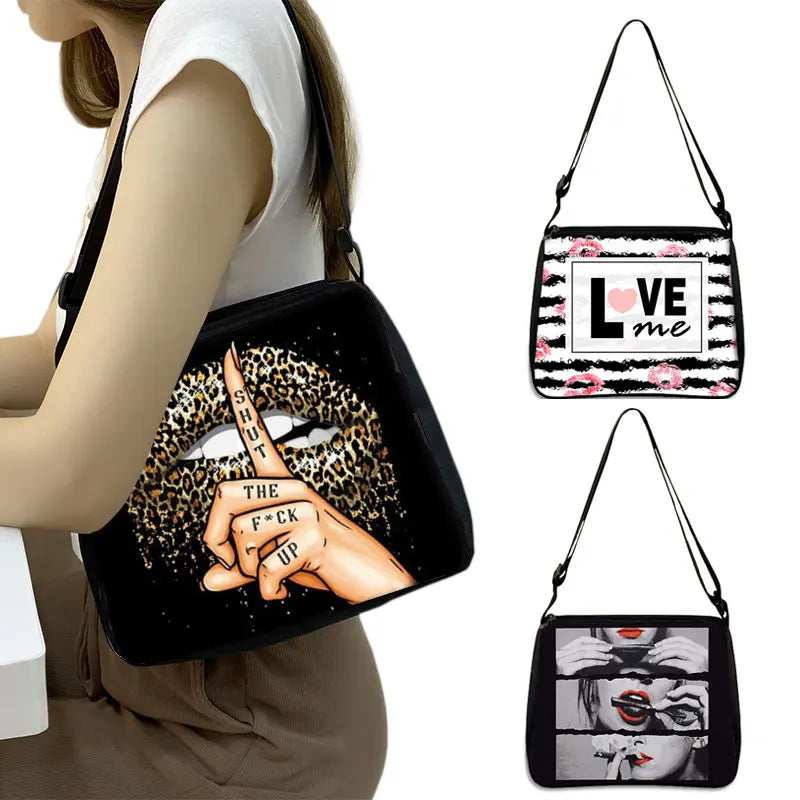 Leopard Lips Print Women Handbags Canvas Shoulder Bags Travel Hip Hop Clutch