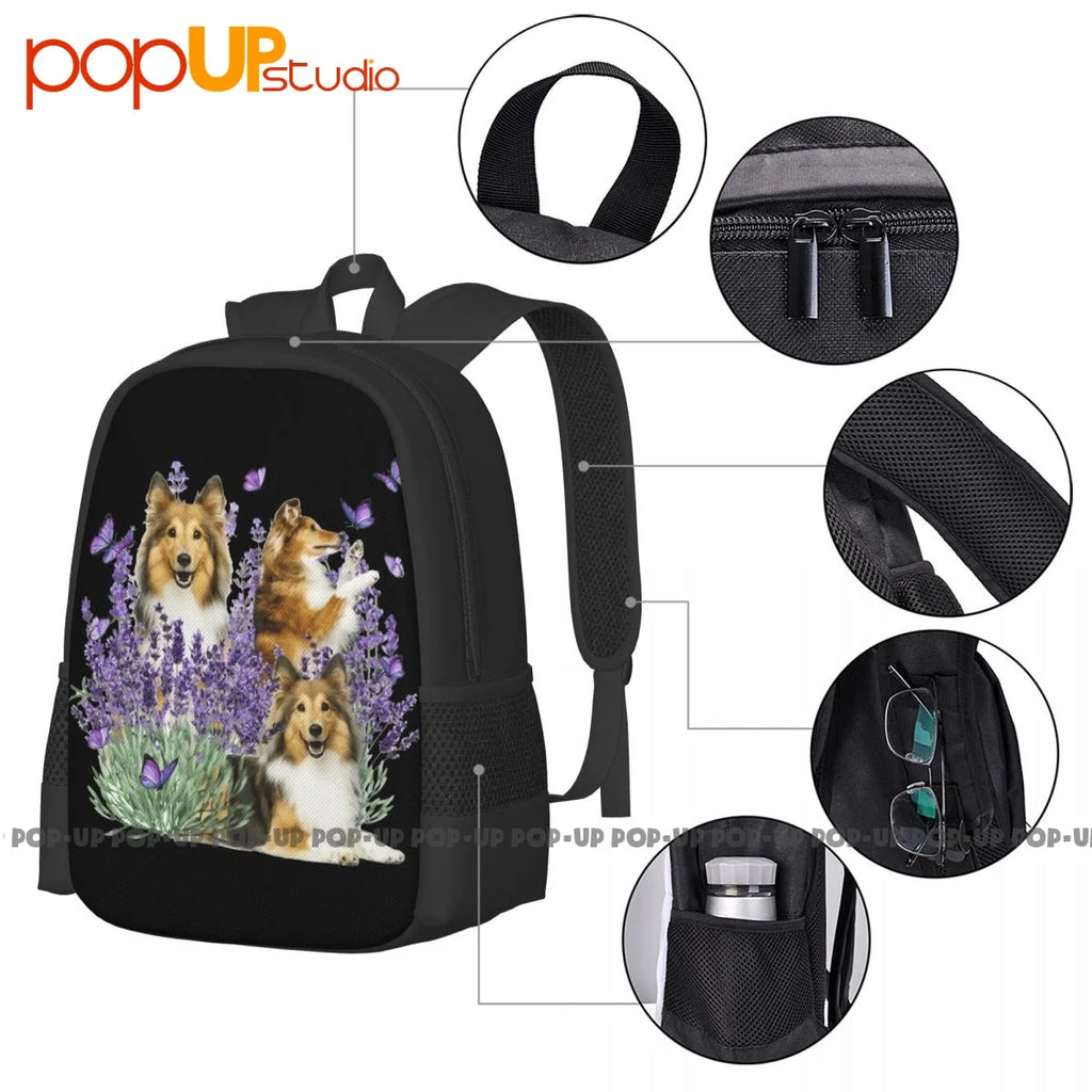 Shetland Sheepdog Purple Flower Backpack Large Capacity School Bag