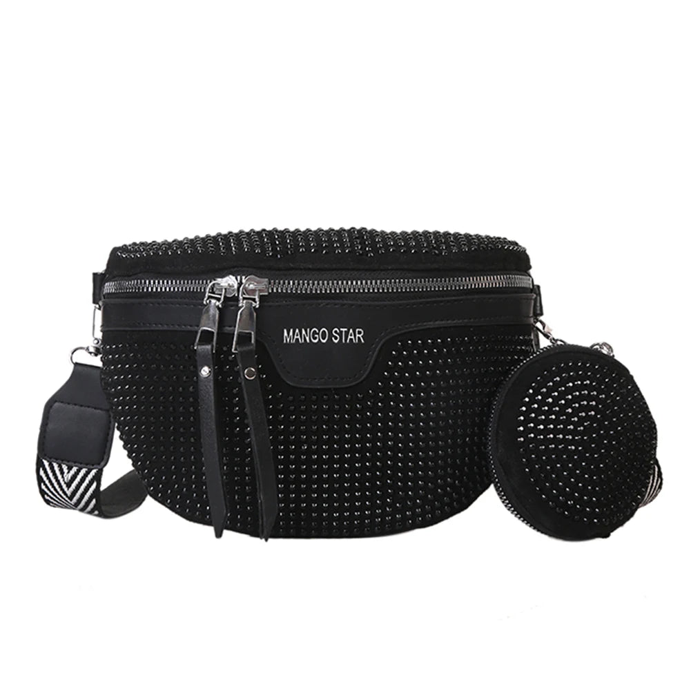 Rhinestone Women's Chest Pack Crossbody Bags PU Leather Fanny Pack