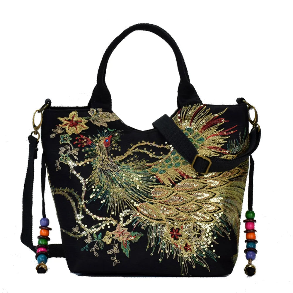 Sequins Peacock Embroidered Women Canvas Totes Bag Phoenix Shopping