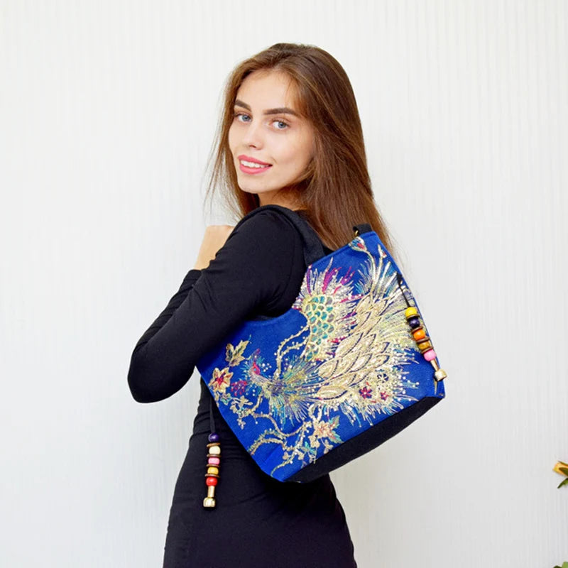 Sequins Peacock Embroidered Women Canvas Totes Bag Phoenix Shopping