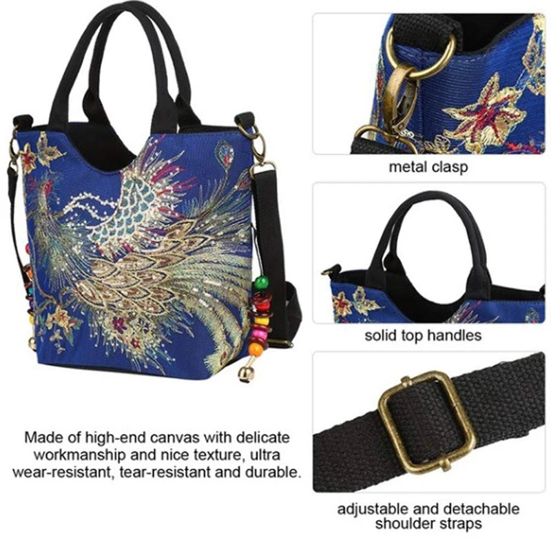 Sequins Peacock Embroidered Women Canvas Totes Bag Phoenix Shopping