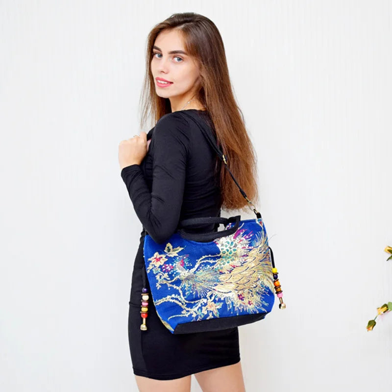 Sequins Peacock Embroidered Women Canvas Totes Bag Phoenix Shopping