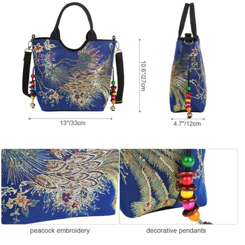 Sequins Peacock Embroidered Women Canvas Totes Bag Phoenix Shopping