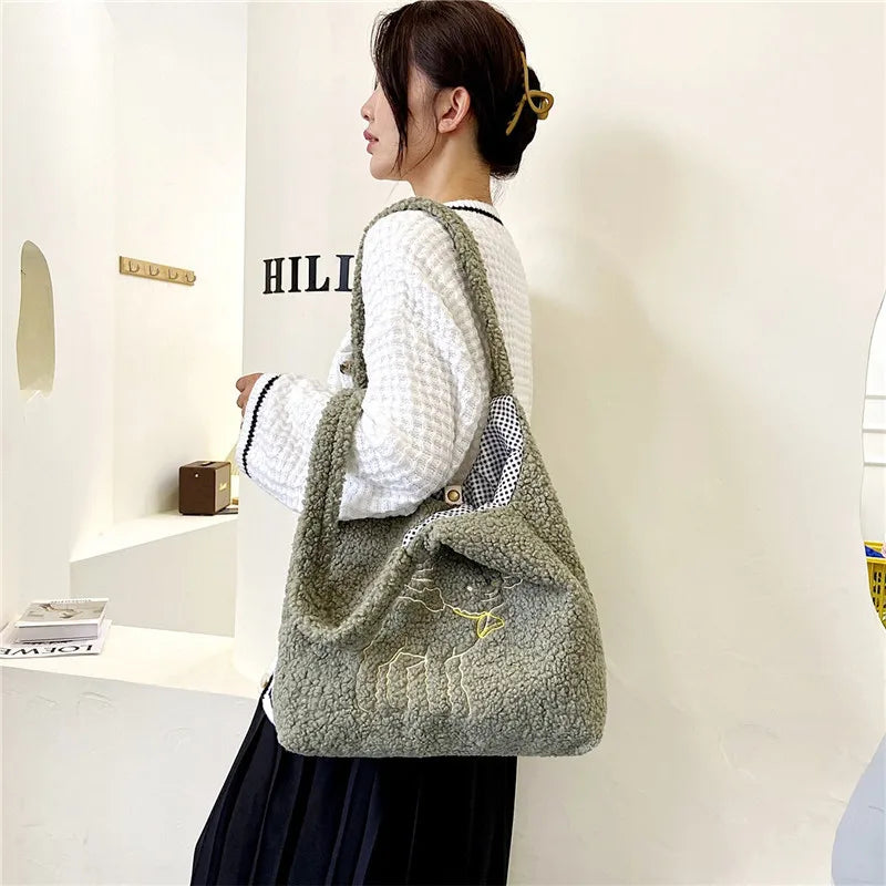 Women's Large Capacity Embroidered Shoulder Bag for Autumn Winter