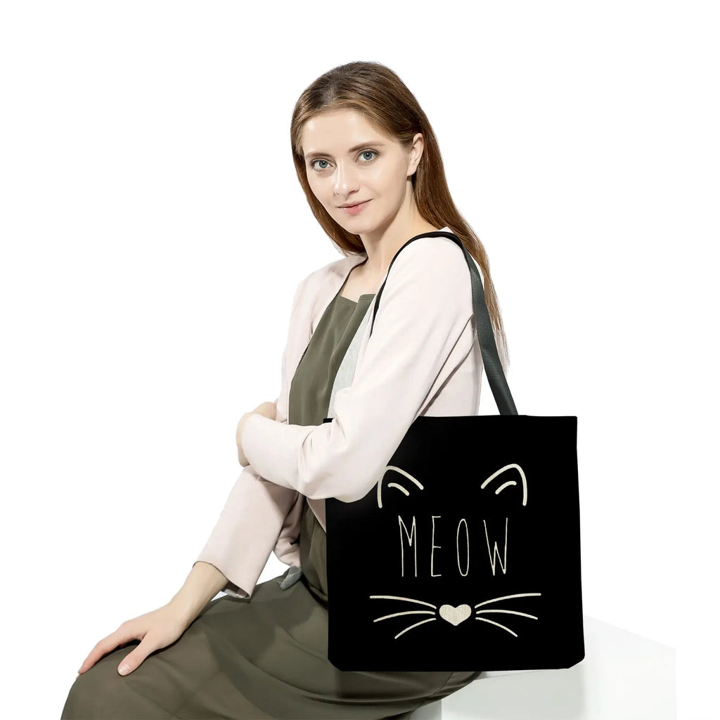 Cartoon Cat Print Tote Bag Eco Reusable Women's Shoulder Handbag