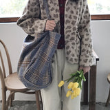 Large Capacity Shoulder Bag Woolen Plaid Handbag
