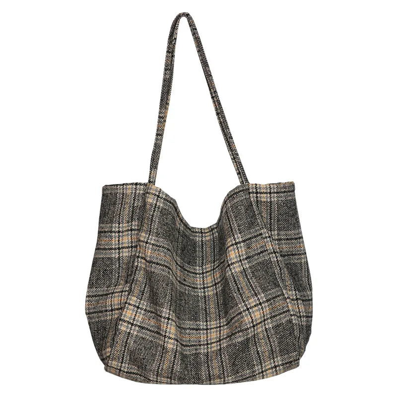 Large Capacity Shoulder Bag Woolen Plaid Handbag
