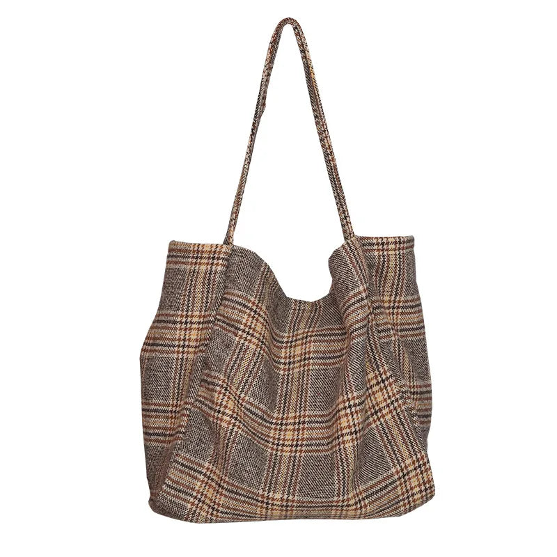 Large Capacity Shoulder Bag Woolen Plaid Handbag