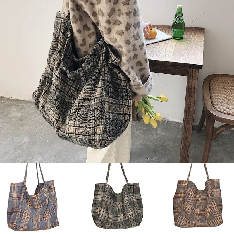 Large Capacity Shoulder Bag Woolen Plaid Handbag