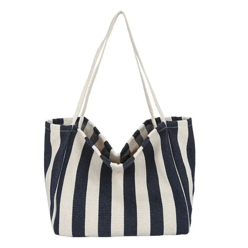 Striped Shoulder Bag Large Capacity Canvas Shopping Pouch
