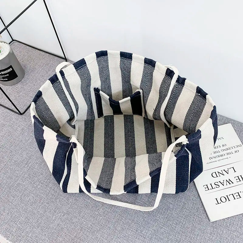 Striped Shoulder Bag Large Capacity Canvas Shopping Pouch
