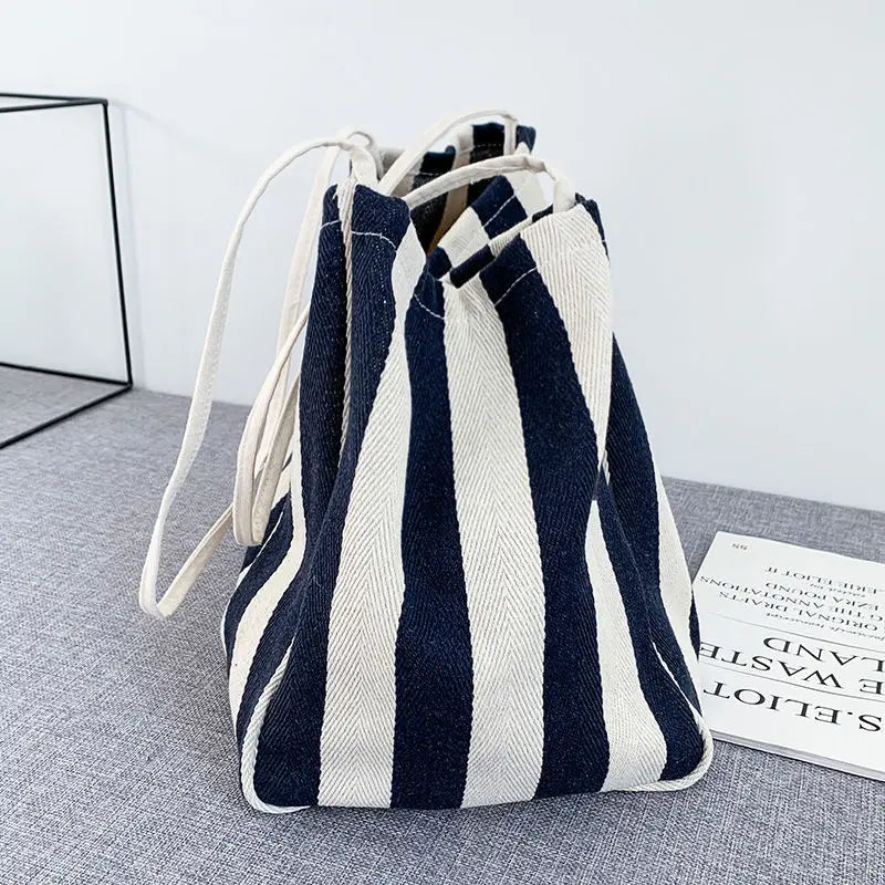 Striped Shoulder Bag Large Capacity Canvas Shopping Pouch