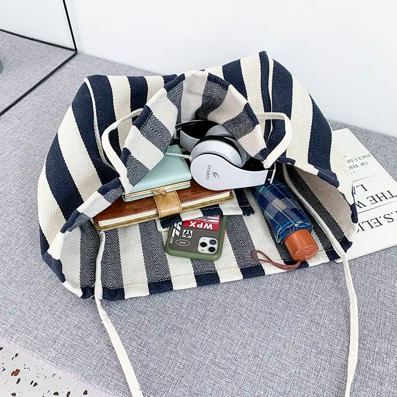 Striped Shoulder Bag Large Capacity Canvas Shopping Pouch