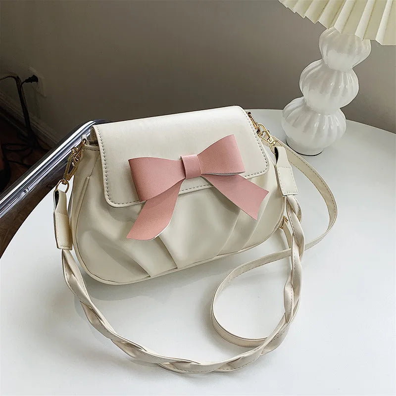 Bow Solid Small Bag Retro Pleated Diagonal Bag