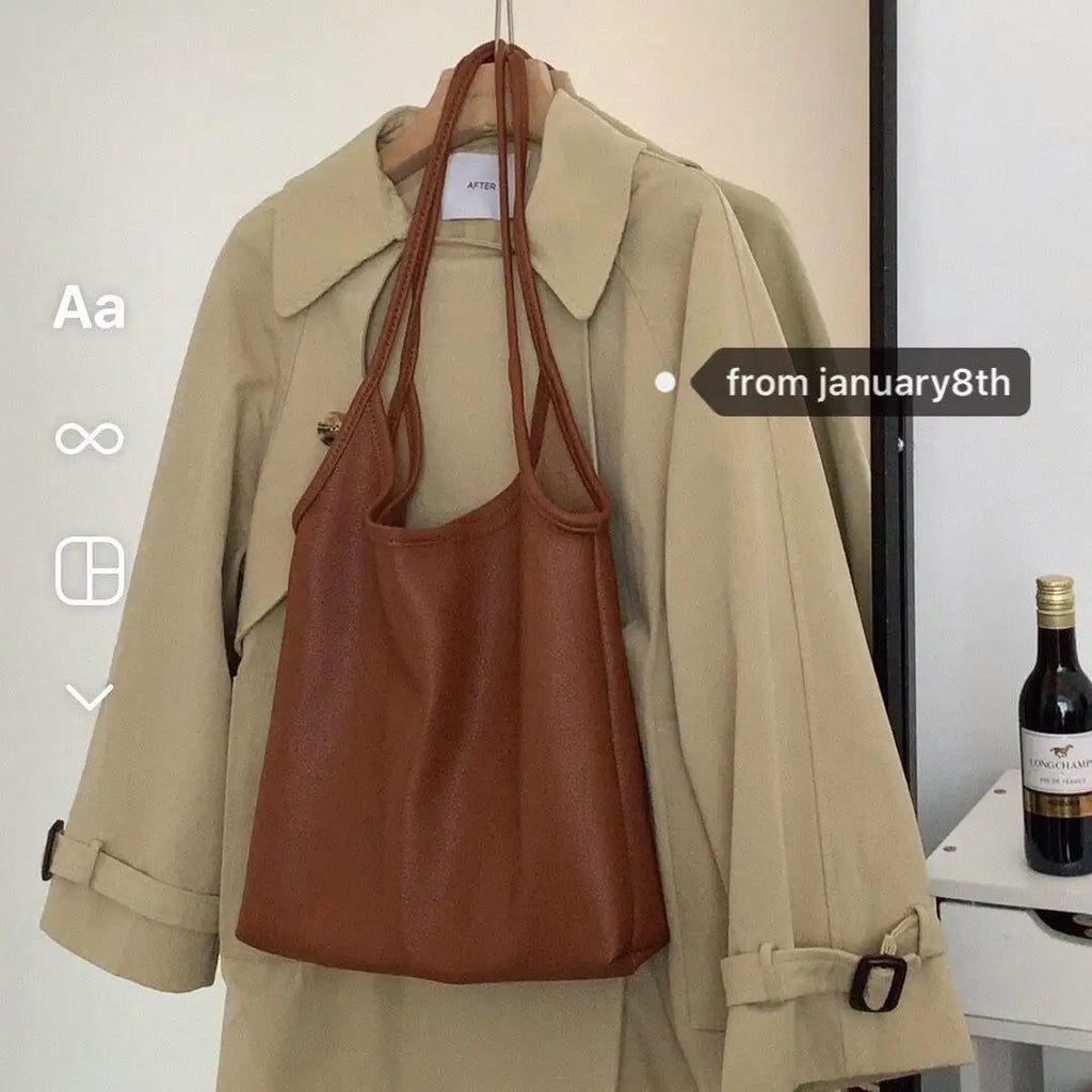 Brown Leisure Shoulder Bag Women Solid Retro Double Strap Soft PU Ins