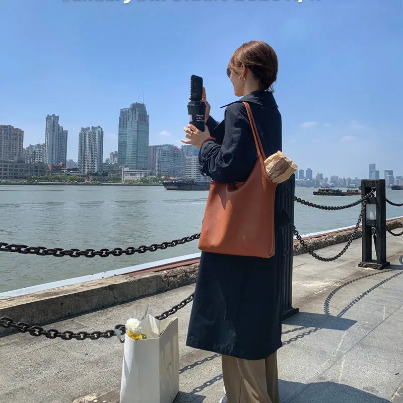 Brown Leisure Shoulder Bag Women Solid Retro Double Strap Soft PU Ins