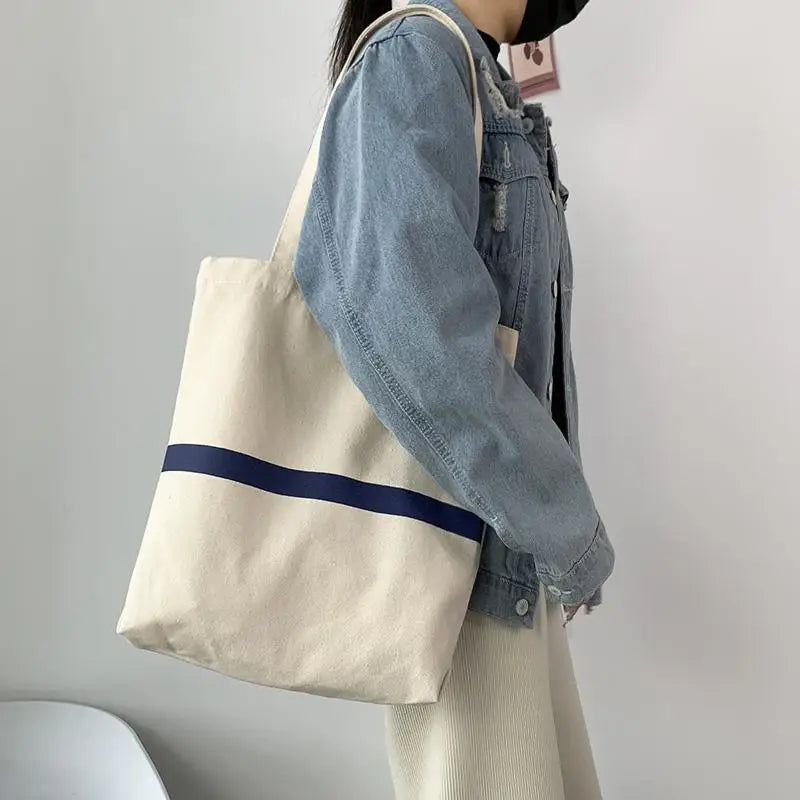 Canvas Striped Shoulder Bag Women Large Capacity Handbag