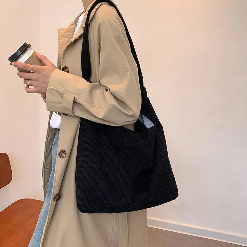 Corduroy Shoulder Bag Large Capacity Tote Harajuku College Bookbag