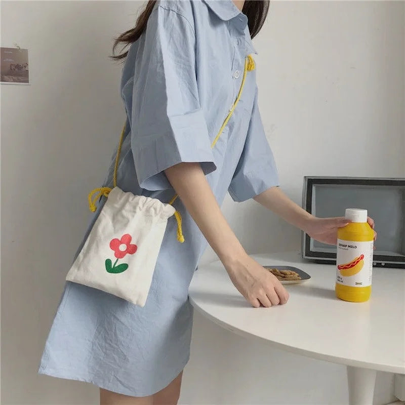 Flower Printed Canvas Shoulder Bag Mini Crossbody Purse