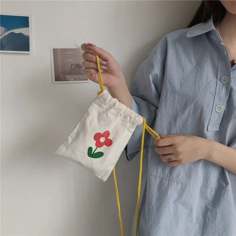 Flower Printed Canvas Shoulder Bag Mini Crossbody Purse