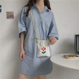 Flower Printed Canvas Shoulder Bag Mini Crossbody Purse