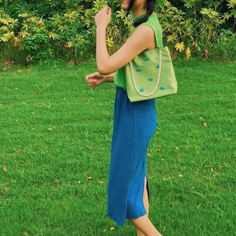 Green Vintage Handbags Floral Printed Zipper Totes Spring Ins