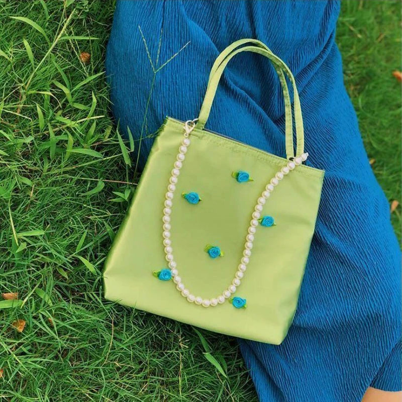 Green Vintage Handbags Floral Printed Zipper Totes Spring Ins