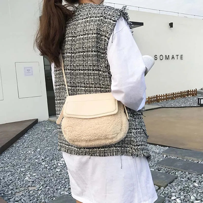 Shoulder Bags Women PU Patchwork Lambswool Cross-body Winter Plush Handbag