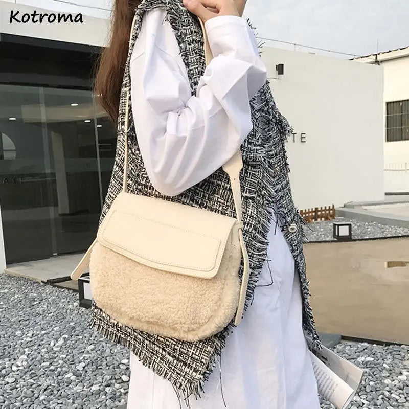 Shoulder Bags Women PU Patchwork Lambswool Cross-body Winter Plush Handbag