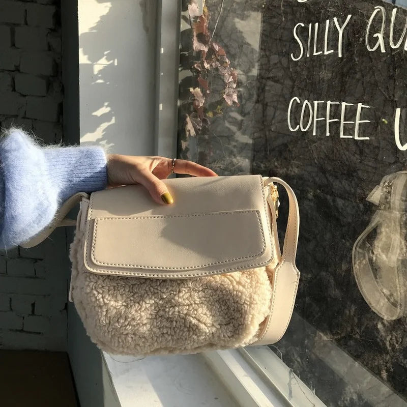 Shoulder Bags Women PU Patchwork Lambswool Cross-body Winter Plush Handbag