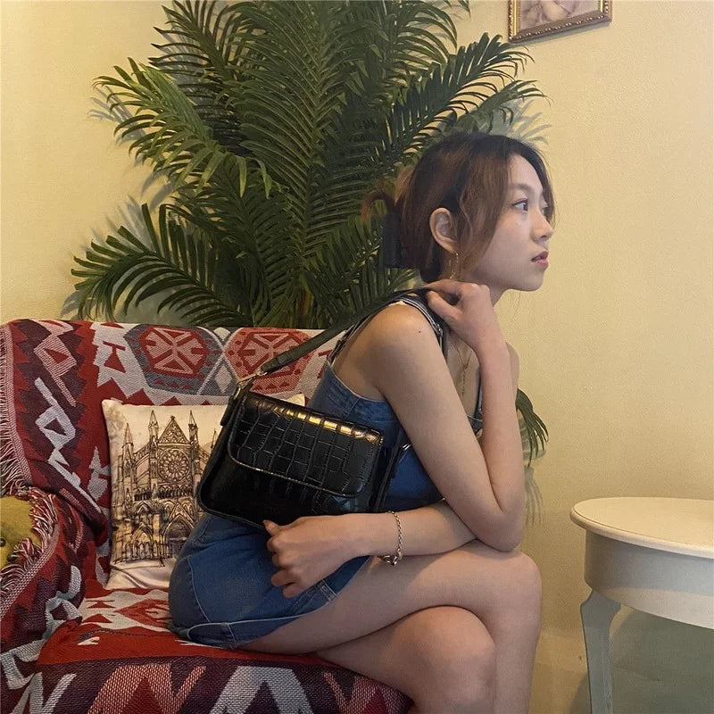 Women Purple Shoulder Bag Crocodile Pattern Handbag Streetwear PU Leather