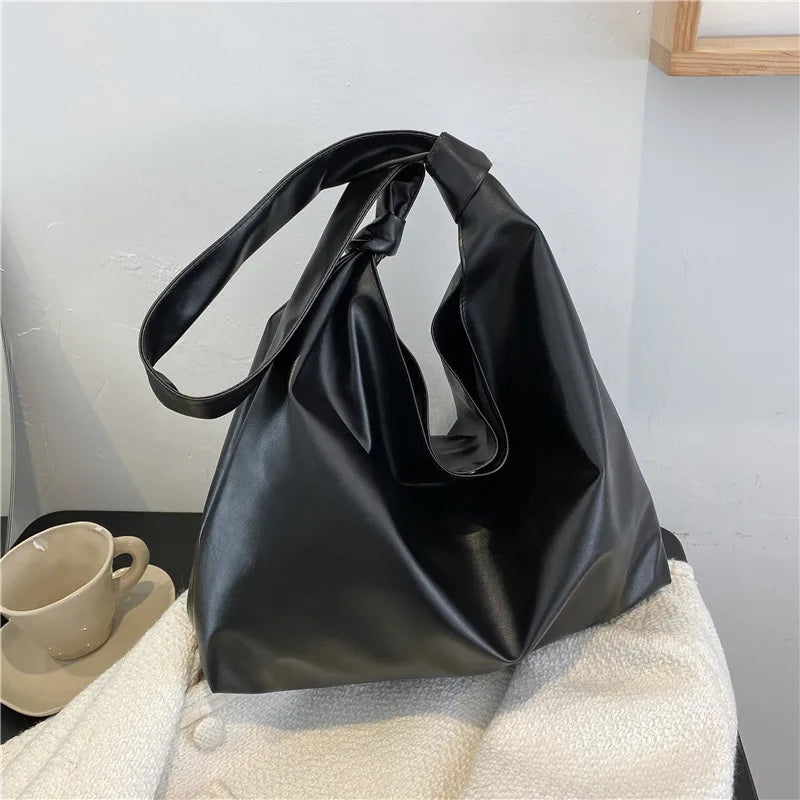 Women's Solid PU Leather Shoulder Bag - Large Capacity Tote