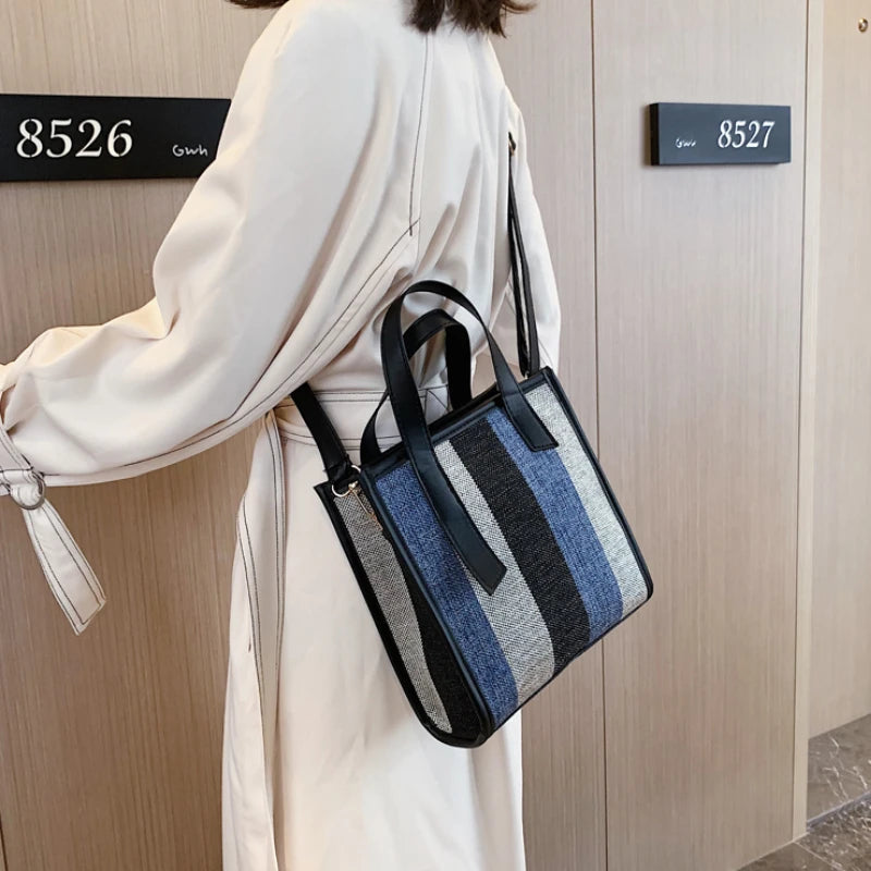 Women's Striped Canvas Shoulder Bag Fashionable Casual Totes