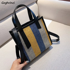Women's Striped Canvas Shoulder Bag Fashionable Casual Totes