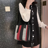 Women's Striped Canvas Shoulder Bag Fashionable Casual Totes