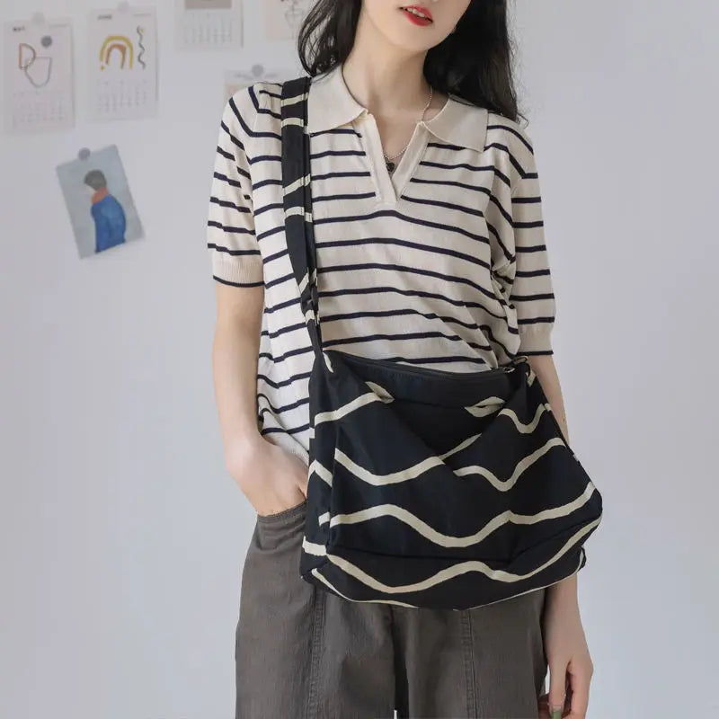 Shoulder Bags Women Striped Zipper Large Capacity Canvas Crossbody Bag