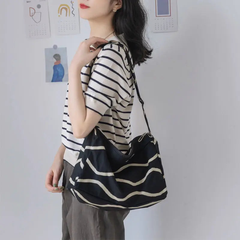Shoulder Bags Women Striped Zipper Large Capacity Canvas Crossbody Bag