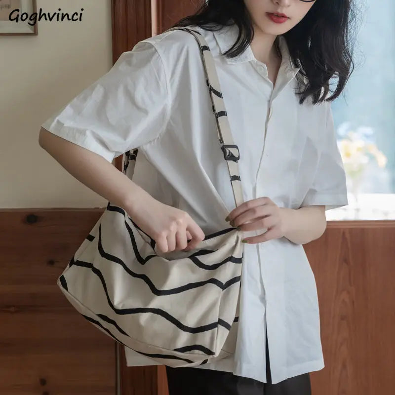 Shoulder Bags Women Striped Zipper Large Capacity Canvas Crossbody Bag