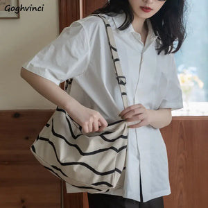Shoulder Bags Women Striped Zipper Large Capacity Canvas Crossbody Bag