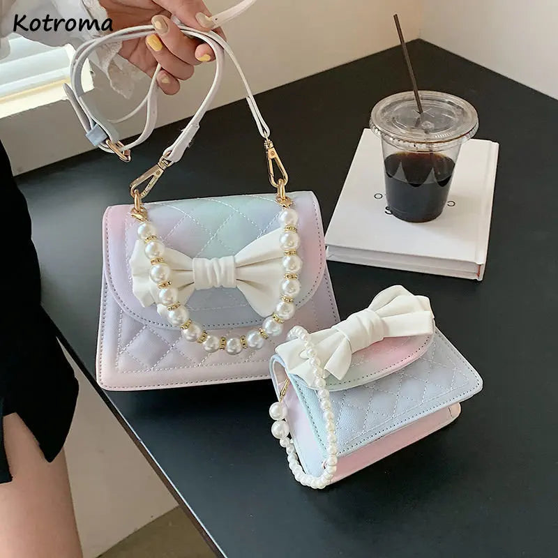 Sweet Bow Pearls Cross Body Mini Handbag Girl Fairy PU Leather Flap Bag