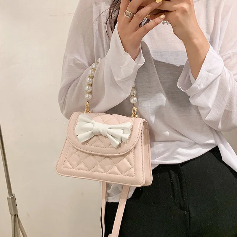 Sweet Bow Pearls Cross Body Mini Handbag Girl Fairy PU Leather Flap Bag